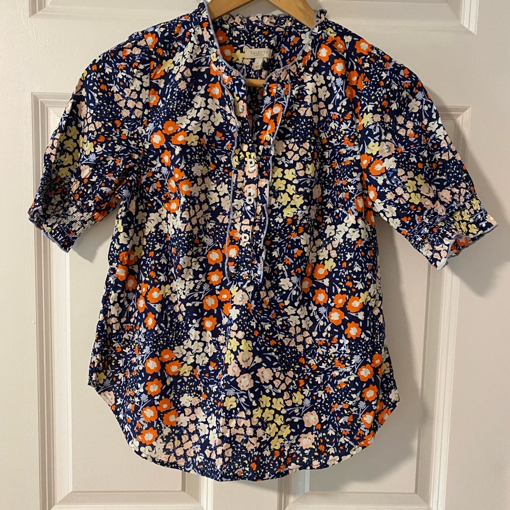 Talbots Navy Floral Blouse with Ruffle Accent